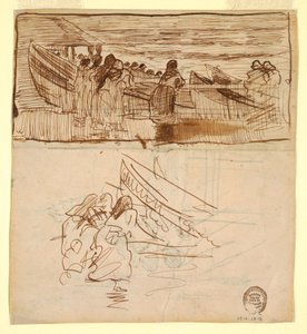 Teckning, Två studier av kvinnor som tittar på sjösättningen av dories, Cullercoats, England, 1881 av Winslow Homer