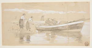 Fiskare och kvinnor som stuvar nät i en strandad dory, Cullercoats, England av Winslow Homer