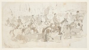 General McClellans sjätte kavalleriregemente, går ombord på Alexandria för Old Point Comfort av Winslow Homer