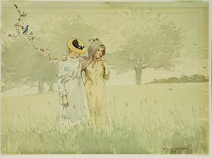 Flickor som promenerar i en fruktträdgård, 1879 av Winslow Homer
