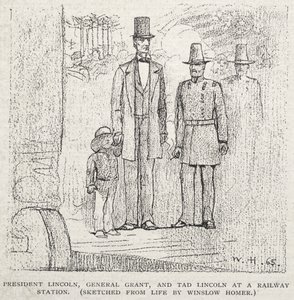 President Lincoln, general Grant och Tad Lincoln på en järnvägsstation av Winslow Homer