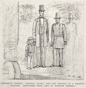 President Lincoln, General Grant och Tad Lincoln vid en järnvägsstation, 1887. av Winslow Homer