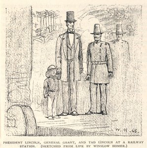 President Lincoln, general Grant och Tad Lincoln på en järnvägsstation, från The Century Magazine, november 1887 av Winslow Homer
