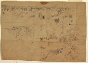 Studier av ett slagfält med trädstubbar och sprängda trädstammar, Petersburg, Virginia. av Winslow Homer