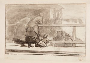 Två kvinnor och ett barn vid en järnväg, med utsikt över stranden i Tynemouth av Winslow Homer