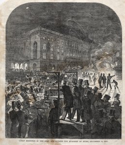 Fackligt möte i det fria utanför Musikaliska akademien av Winslow Homer