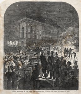 Fackligt möte i det fria utanför Musikhögskolan, 1859. av Winslow Homer
