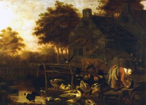 Country Scene in Holland (gård med massor av djur och en bonde som mjölkar en ko) av Wintrack the Young av Wintrack the Younger