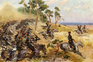 Tyska 1:a husarer på övningar (färg litho)