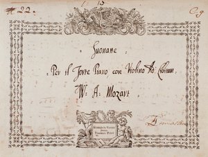 Frontispice av sonat för fort-piano och violin av Mozart. av Wolfgang Amadeus Mozart