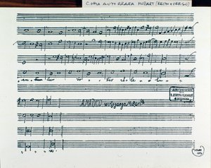 Notblad för Querite primum regnum dei av Mozart för att erhålla titeln Accademia Filarmonico, korrigerad version av fader Martini (1770) av Wolfgang Amadeus Mozart