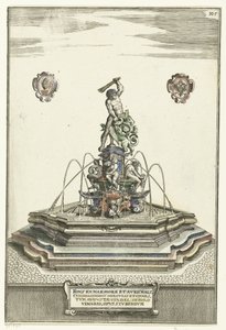 Sexkantig bassäng på höjd med trappsteg Fons ex marmore et avrichalc (...) (titel på objekt) Architectura Curiosa Nova (serietitel) av Wolfgang Kilian