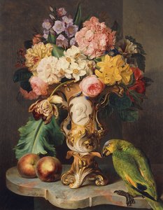 Ett stilleben med en vas med olika blommor, persikor och en papegoja på en marmoravsats, 1843