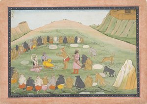 Hanuman återupplivar Rama och Lakshmana med medicinska örter...,Ramayana-serien, ca. 1790. av Workshop active in the First generation