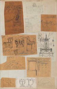 Sida från en klippbok som innehåller ritningar och flera utskrifter av arkitektur, Int..., ca. 1800-1850. Skapare: Workshop av Charles Percier, Workshop av Pierre François Léonard Fontaine.