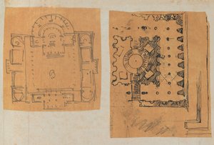 Sida från en klippbok som innehåller ritningar och flera utskrifter av arkitektur, Int..., ca. 1800-1850. Skapare: Workshop av Charles Percier, Workshop av Pierre François Léonard Fontaine. av Workshop of Charles Percier, Workshop of Pierre