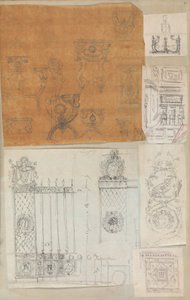 Sida från en klippbok som innehåller ritningar och flera utskrifter av arkitektur, Int..., ca. 1800-1850. Skapare: Workshop av Charles Percier, Workshop av Pierre François Léonard Fontaine.