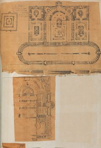 Sida från en klippbok som innehåller ritningar och flera utskrifter av arkitektur, Int..., ca. 1800-1850. Skapare: Workshop av Charles Percier, Workshop av Pierre François Léonard Fontaine.