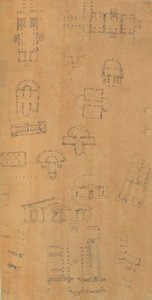 Sida från en klippbok som innehåller ritningar och flera utskrifter av arkitektur, Int..., ca. 1800-1850. Skapare: Workshop av Charles Percier, Workshop av Pierre François Léonard Fontaine.