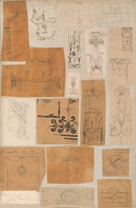 Sida från en klippbok som innehåller ritningar och flera utskrifter av arkitektur, Int..., ca. 1800-1850. Skapare: Workshop av Charles Percier, Workshop av Pierre François Léonard Fontaine.