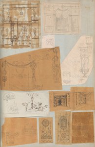 Sida från en klippbok som innehåller ritningar och flera utskrifter av arkitektur, Int..., ca. 1800-1850. Skapare: Workshop av Charles Percier, Workshop av Pierre François Léonard Fontaine.