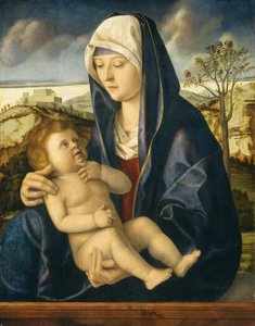 Madonna och barn i ett landskap av Workshop of Giovanni Bellini