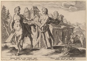 Apollo anförtror Chiron utbildningen av Asclepius av Workshop of Hendrick Goltzius, after Hendrick Goltzius