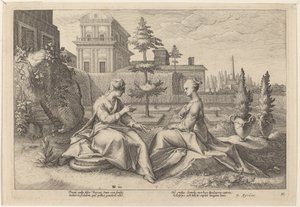 Juno i form av Beroe, Varning Semele av Workshop of Hendrick Goltzius, after Hendrick Goltzius