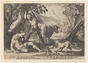 Landskap med Merkurius som höjer sitt svärd för att döda en sovande Argus av Workshop of Hendrick Goltzius, after Hendrick Goltzius