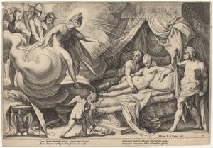 Mars och Venus förvånade av Workshop of Hendrick Goltzius, after Hendrick Goltzius