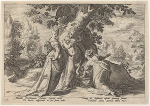 Cecrops döttrar öppnar kistan som anförtrotts dem av Minerva av Workshop of Hendrick Goltzius, after Hendrick Goltzius