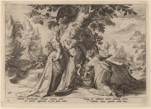 Cecrops döttrar öppnar kistan som anförtrotts dem av Minerva av Workshop of Hendrick Goltzius, after Hendrick Goltzius