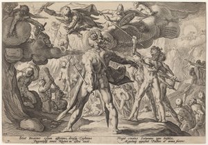 Jättarna som klättrar på himlen av Workshop of Hendrick Goltzius, after Hendrick Goltzius