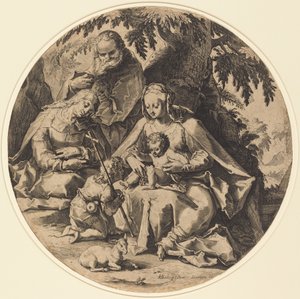 Den heliga familjen med Saint Elizabeth och Saint John the Baptist av Workshop of Jacob Matham, after Hendrik Goltzius