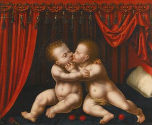 Holländska: Christus en Johannes de Doper als kinderen Spädbarnen Kristus och Johannes Döparen omfamnar varandra