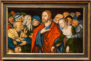 Tyska: Christus und die Ehebrecherin Kristus och den i äktenskapsbrott tagna kvinnan av workshop of Lucas Cranach the Elder