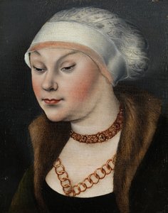 Tyska: Kopf einer Dame mit weißer Haube (Omphale) Huvud av en kvinna med vit hatt av workshop of Lucas Cranach the Elder