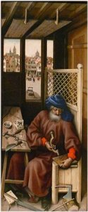 Annunciation Alternativ titel(s):   Mérode Altartavla
högra panelen: Sankt Josef som snickare av Workshop of Robert Campin