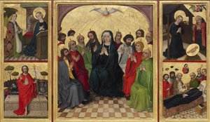 Den Helige Andes återställning öppen. Pingst, bebådelse, födelse, Kristi uppståndelse och Jungfruns död, ca. 1448 av Workshop of the Wolfgang Retable
