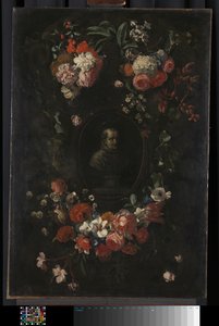 Feigned, skulpterad byst av den välsignade Hieronymus Werdanus inställd i en låtsad stenkartouche, dekorerad med en swag och två klasar med blommor av Wouter Gysaerts