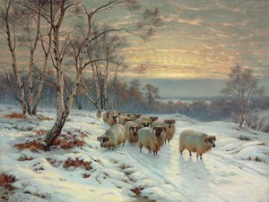 En herde med sin flock i ett vinterlandskap (olja på duk) av Wright Baker