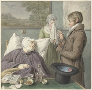 Läkare besöker en sjuk gammal kvinna i sängen av Wybrand Hendriks (attributed to)