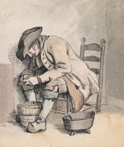 En sittande man som lutar sig över en hink; tre kvinnor (i skugga) på baksidan