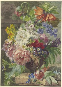 Stilleben med blomsterbukett och fågelbo av Wybrand Hendriks
