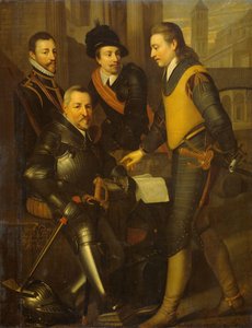 Gruppporträtt av de fyra bröderna till William I, Prins av Orange: Jan (1535-1606), Hendrik (1550-74), Adolf (1540-68) och Lodewijk (1538-74), grevar av Nassau av Wybrand de Geest (I) (workshop of)