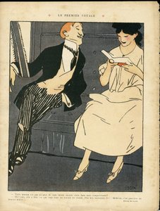 Illustration av Xavier Gose (1876-1915) i Le Lire, 27/08/10 - The First Journey - Järnvägståg, Herrmode, Adultere