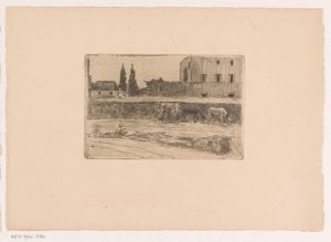 Landskap med byggnader och en figur på jobbet av Xavier Mellery (attributed to)