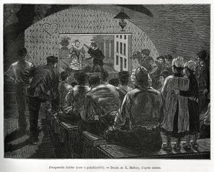 Cellar a Polichinelles, en källare designad för dockteater. Gravyr av X.Mellery, för att illustrera historien om Belgien, av Camille Lemonnier, publicerad i Tour du monde, redigerad av Edouard Charton (1807-1890) av Xavier Mellery