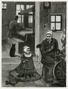 Interiör i bostaden och vävarverkstaden, med vävaren och hjulet, samt ett barn i en flätad kjol som hjälper honom att ta sina första steg. Gravyr av X.Mellery, för att illustrera berättelsen ""La Belgique"", av Camille Lemonnier (1844-19)