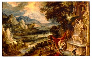 Landskap med Diana och Actaeon (olja på panel)